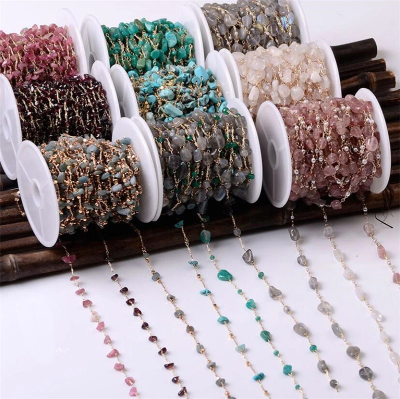 18K Pure Gold Crystal Agate Amethyst Gravel Chain Turquoise Tourmaline Link Chain for DIY Earring Necklace Bracelet Waist Chain