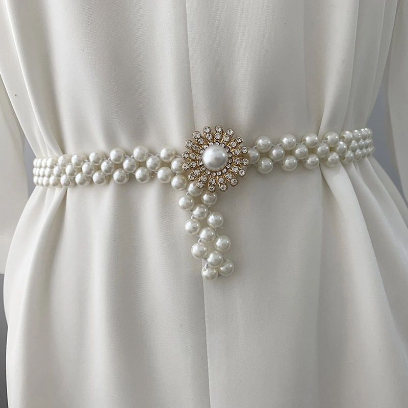 New Fashion Elastic Waist Belt Female Lady Women All-Match Pearl Belt Diamond Inside with Dress Belt Bl-3013